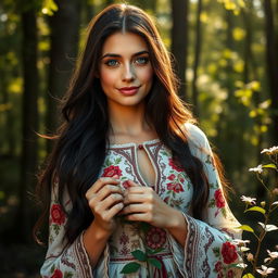 A 25-year-old Slavic woman with long, flowing dark hair and fair skin, wearing a beautiful traditional dress adorned with intricate floral patterns