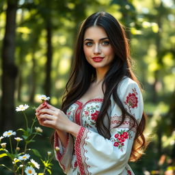 A 25-year-old Slavic woman with long, flowing dark hair and fair skin, wearing a beautiful traditional dress adorned with intricate floral patterns