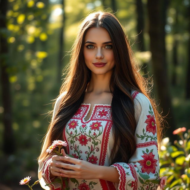 A 25-year-old Slavic woman with long, flowing dark hair and fair skin, wearing a beautiful traditional dress adorned with intricate floral patterns