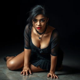 A young Indian girl with gothic style, looking directly at the camera while in a dynamic pose on hands and knees