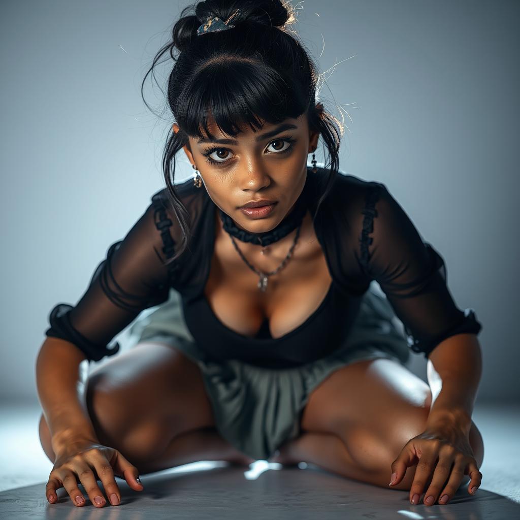 A young Indian girl with gothic style, looking directly at the camera while in a dynamic pose on hands and knees