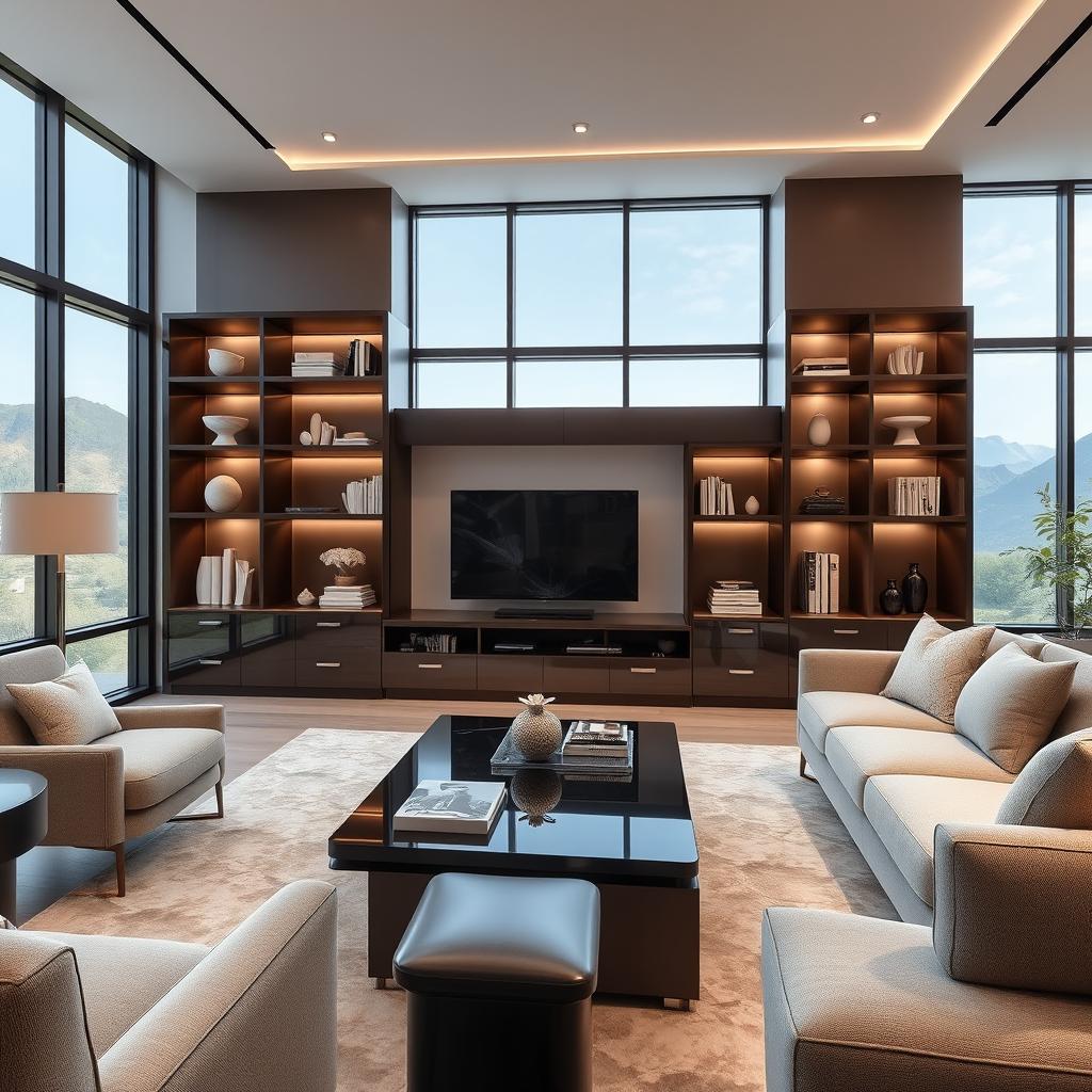 A modern living room featuring elegant Italian style lacquered libraries, designed for a sophisticated aesthetic