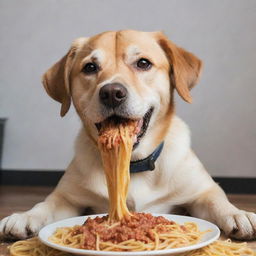 A cute dog happily eating spaghetti, with pasta strands hanging from its mouth in a delightful mess