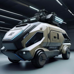 A futuristic commando's van, featuring sleek design, high-tech equipment, advanced surveillance systems, armored plating, and innovative weaponry deployment mechanisms.