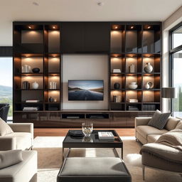 A modern living room featuring elegant Italian style lacquered libraries, designed for a sophisticated aesthetic