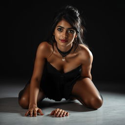 A young Indian girl with gothic style, looking directly at the camera while in a dynamic pose on hands and knees