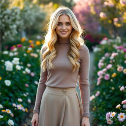 A 25-year-old Slavic woman with long, wavy blonde hair and fair skin, wearing an elegant, closed outfit that consists of a fitted sweater and a long, flowing skirt