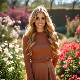 A 25-year-old Slavic woman with long, wavy blonde hair and fair skin, wearing an elegant, closed outfit that consists of a fitted sweater and a long, flowing skirt