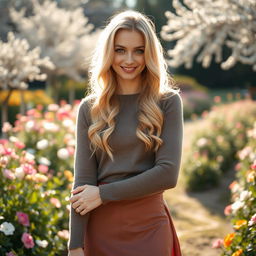 A 25-year-old Slavic woman with long, wavy blonde hair and fair skin, wearing an elegant, closed outfit that consists of a fitted sweater and a long, flowing skirt