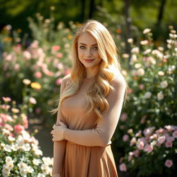 A 25-year-old Slavic woman with long, wavy blonde hair and fair skin, wearing an elegant, closed outfit that consists of a fitted sweater and a long, flowing skirt