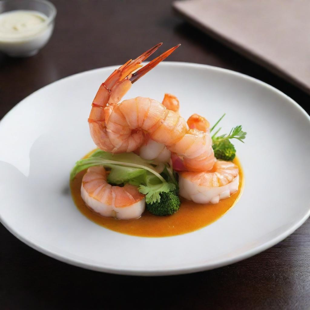 A colorful image of a cooked Ebi (Shrimp) presented stylishly in an innovative and modern gourmet setting.