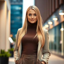 A 25-year-old Slavic woman with long, straight blonde hair and light skin, dressed in a fashionable, closed outfit featuring a stylish turtleneck and tailored trousers