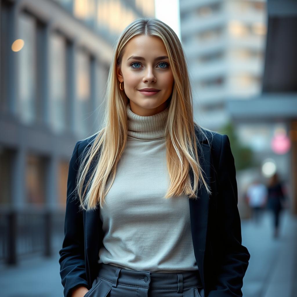 A 25-year-old Slavic woman with long, straight blonde hair and light skin, dressed in a fashionable, closed outfit featuring a stylish turtleneck and tailored trousers