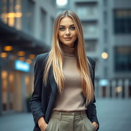 A 25-year-old Slavic woman with long, straight blonde hair and light skin, dressed in a fashionable, closed outfit featuring a stylish turtleneck and tailored trousers