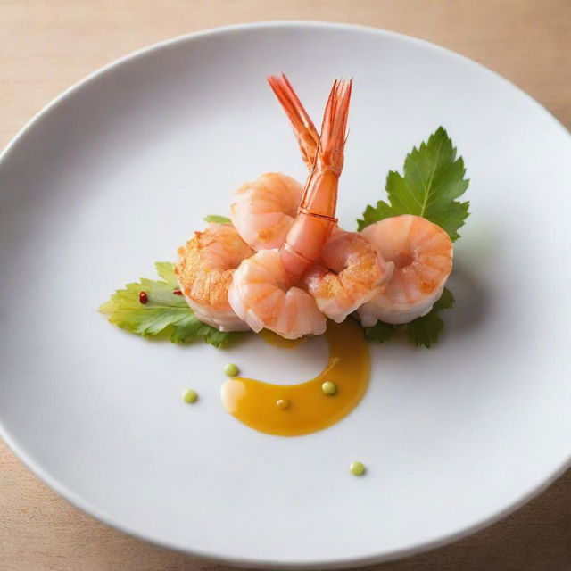 A colorful image of a cooked Ebi (Shrimp) presented stylishly in an innovative and modern gourmet setting.