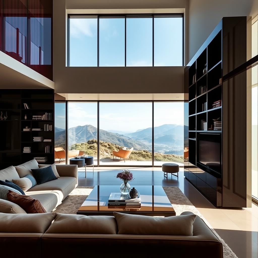 A contemporary living room featuring stunning modern Italian style lacquered libraries, designed with a high-gloss finish that reflects sophistication