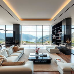 A contemporary living room featuring stunning modern Italian style lacquered libraries, designed with a high-gloss finish that reflects sophistication