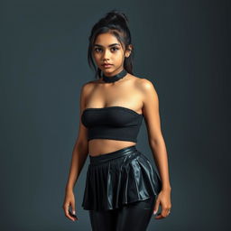 A young Indian girl with gothic style, standing confidently while looking directly at the camera