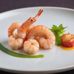 A colorful image of a cooked Ebi (Shrimp) presented stylishly in an innovative and modern gourmet setting.