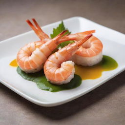 A colorful image of a cooked Ebi (Shrimp) presented stylishly in an innovative and modern gourmet setting.