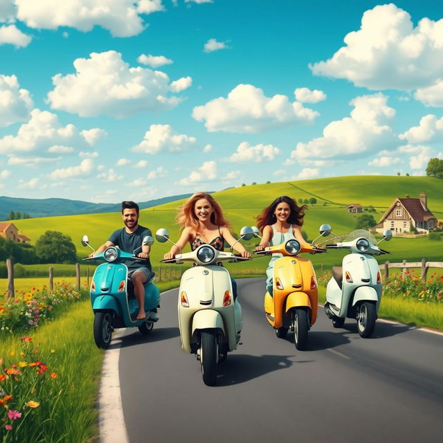 A personalized scene featuring you and your friends riding Vespas on a picturesque European country road