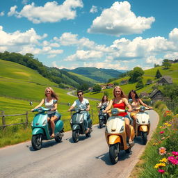 A personalized scene featuring you and your friends riding Vespas on a picturesque European country road