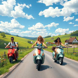 A personalized scene featuring you and your friends riding Vespas on a picturesque European country road