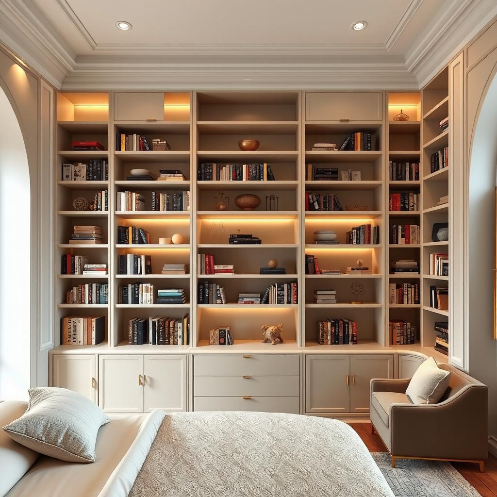 A luxurious Italian style library designed specifically for a bedroom, featuring elegant lacquered finishes that create a sophisticated atmosphere