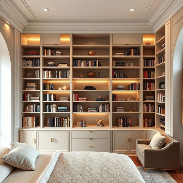 A luxurious Italian style library designed specifically for a bedroom, featuring elegant lacquered finishes that create a sophisticated atmosphere