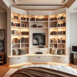 A luxurious Italian style library designed specifically for a bedroom, featuring elegant lacquered finishes that create a sophisticated atmosphere