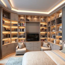 A luxurious Italian style library designed specifically for a bedroom, featuring elegant lacquered finishes that create a sophisticated atmosphere