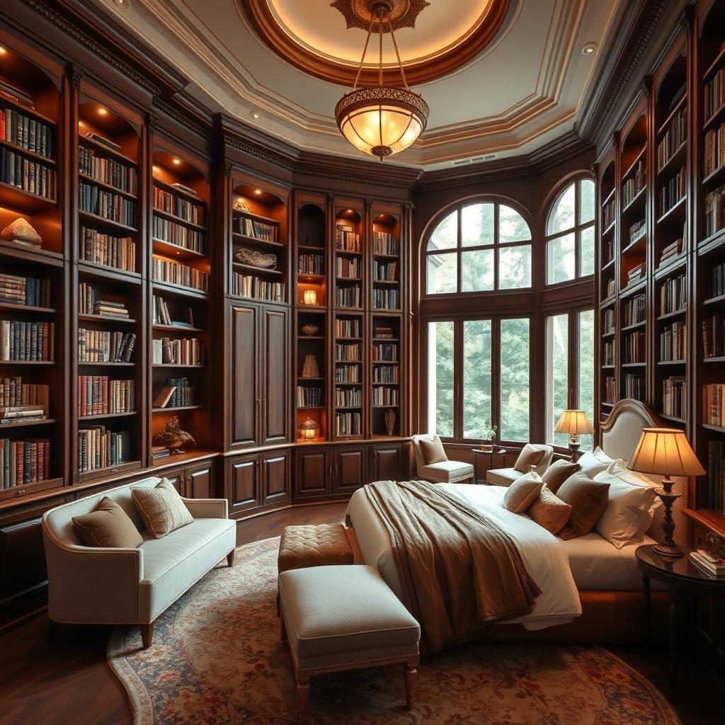 An exquisite Italian library specifically designed for a bedroom, featuring elegant wooden cabinetry with rich finishes such as mahogany or walnut