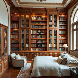 An exquisite Italian library specifically designed for a bedroom, featuring elegant wooden cabinetry with rich finishes such as mahogany or walnut