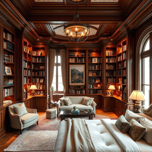 An exquisite Italian library specifically designed for a bedroom, featuring elegant wooden cabinetry with rich finishes such as mahogany or walnut