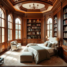 An exquisite Italian library specifically designed for a bedroom, featuring elegant wooden cabinetry with rich finishes such as mahogany or walnut