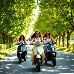 A personalized scene depicting a petite European brunette with long hair, a petite Filipino brunette with long hair, and a slim East Indian brunette with golden highlights, each riding their own Vespa on a beautiful canopied European country road