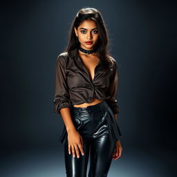 A young Indian girl with an alluring style, standing confidently while looking directly at the camera