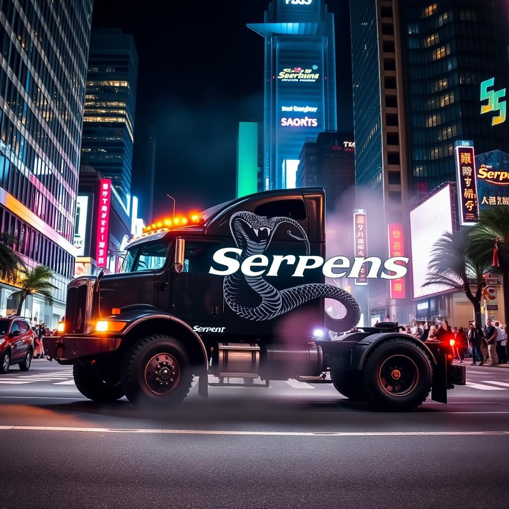 A powerful truck featuring a striking serpent emblem and the name 'Serpens' prominently displayed