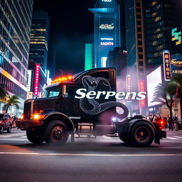 A powerful truck featuring a striking serpent emblem and the name 'Serpens' prominently displayed