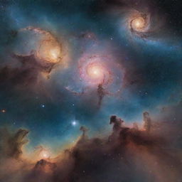 A vast, serene landscape of swirling nebulae and stars in formation, representing the universe before the creation of the world.