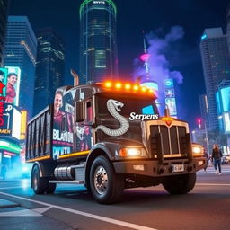 A powerful truck featuring a striking serpent emblem and the name 'Serpens' prominently displayed