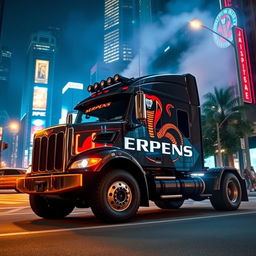 A powerful truck featuring a striking serpent emblem and the name 'Serpens' prominently displayed