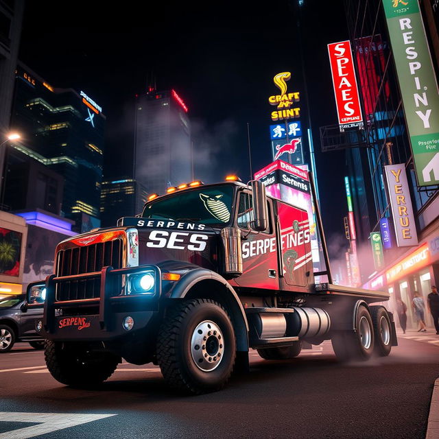 A powerful truck featuring a striking serpent emblem and the name 'Serpens' prominently displayed