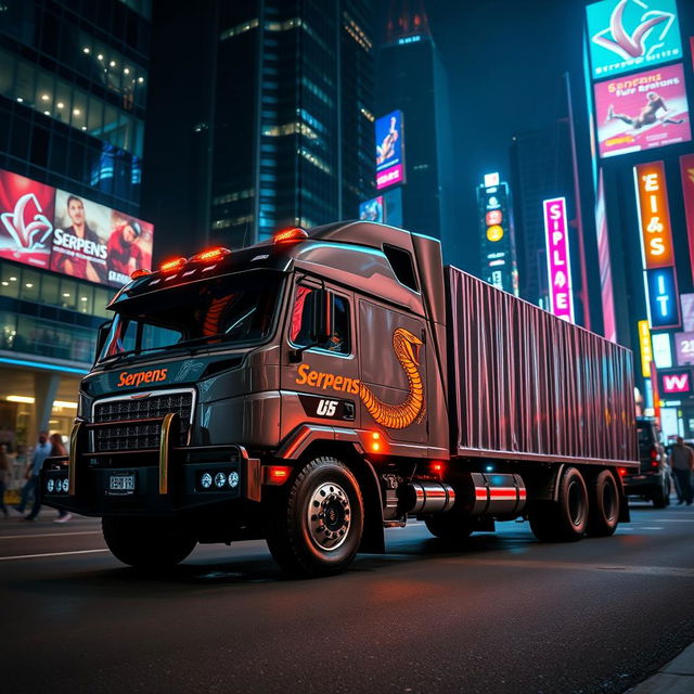 A robust truck featuring a striking serpent emblem and the name 'Serpens' displayed prominently