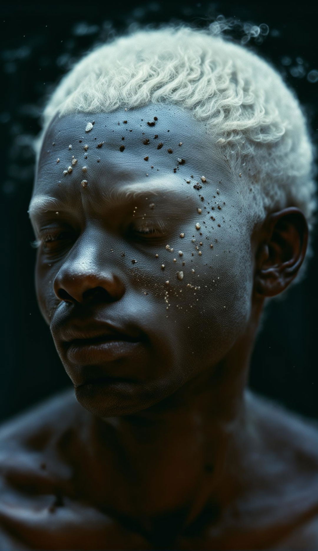 A high-resolution, Yousuf Karsh-style photograph of a black man with albinism in side profile, looking down. His face is illuminated by sunlight that also reveals dust particles in the air.