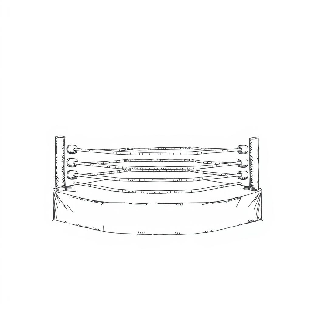 A hand-drawn black and white illustration of a boxing ring, depicted with fine lines