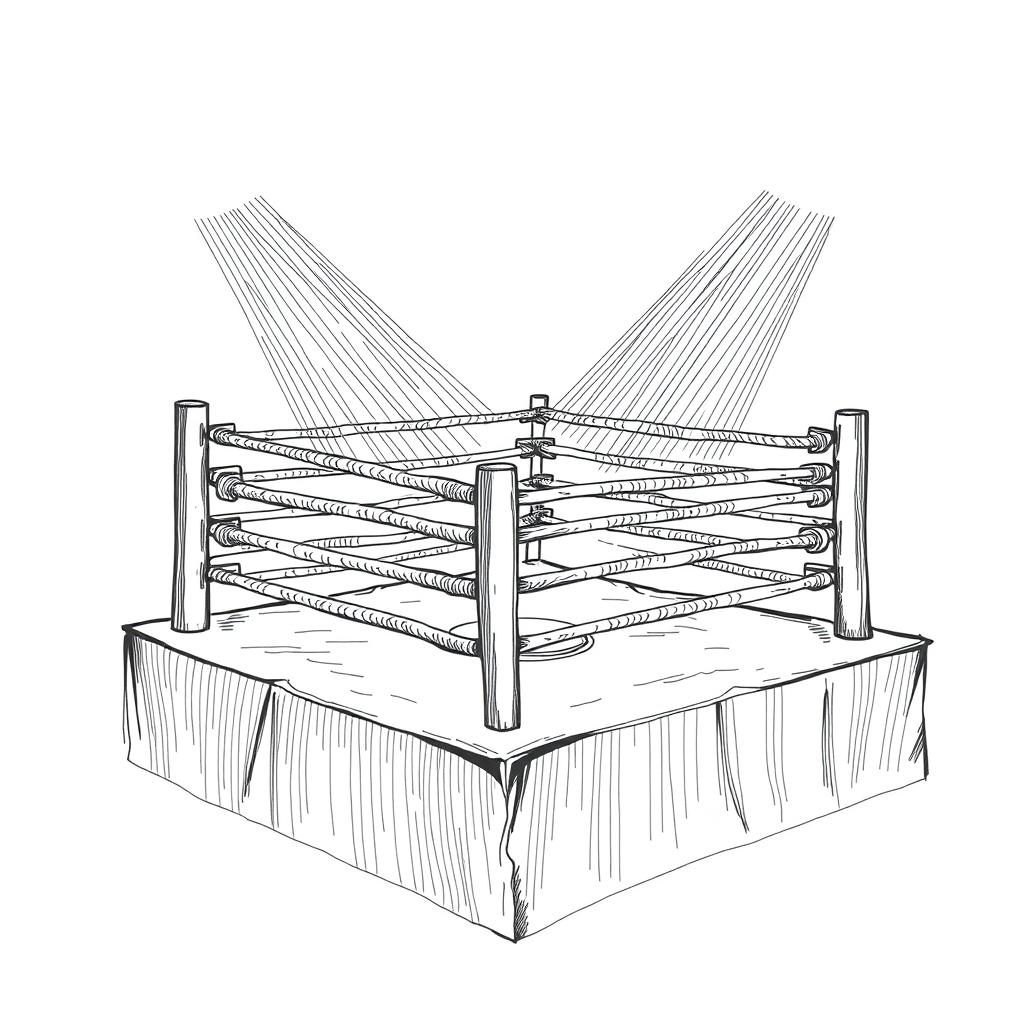 A hand-drawn black and white illustration of a boxing ring, depicted with fine lines