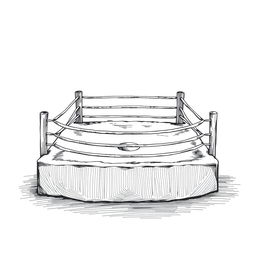 A hand-drawn black and white illustration of a boxing ring, depicted with fine lines