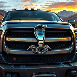 A detailed depiction of a rugged truck showcasing a prominent serpent emblem on its front grille, capturing the essence of strength and adventure