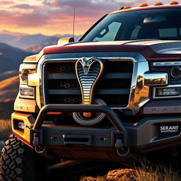 A detailed depiction of a rugged truck showcasing a prominent serpent emblem on its front grille, capturing the essence of strength and adventure